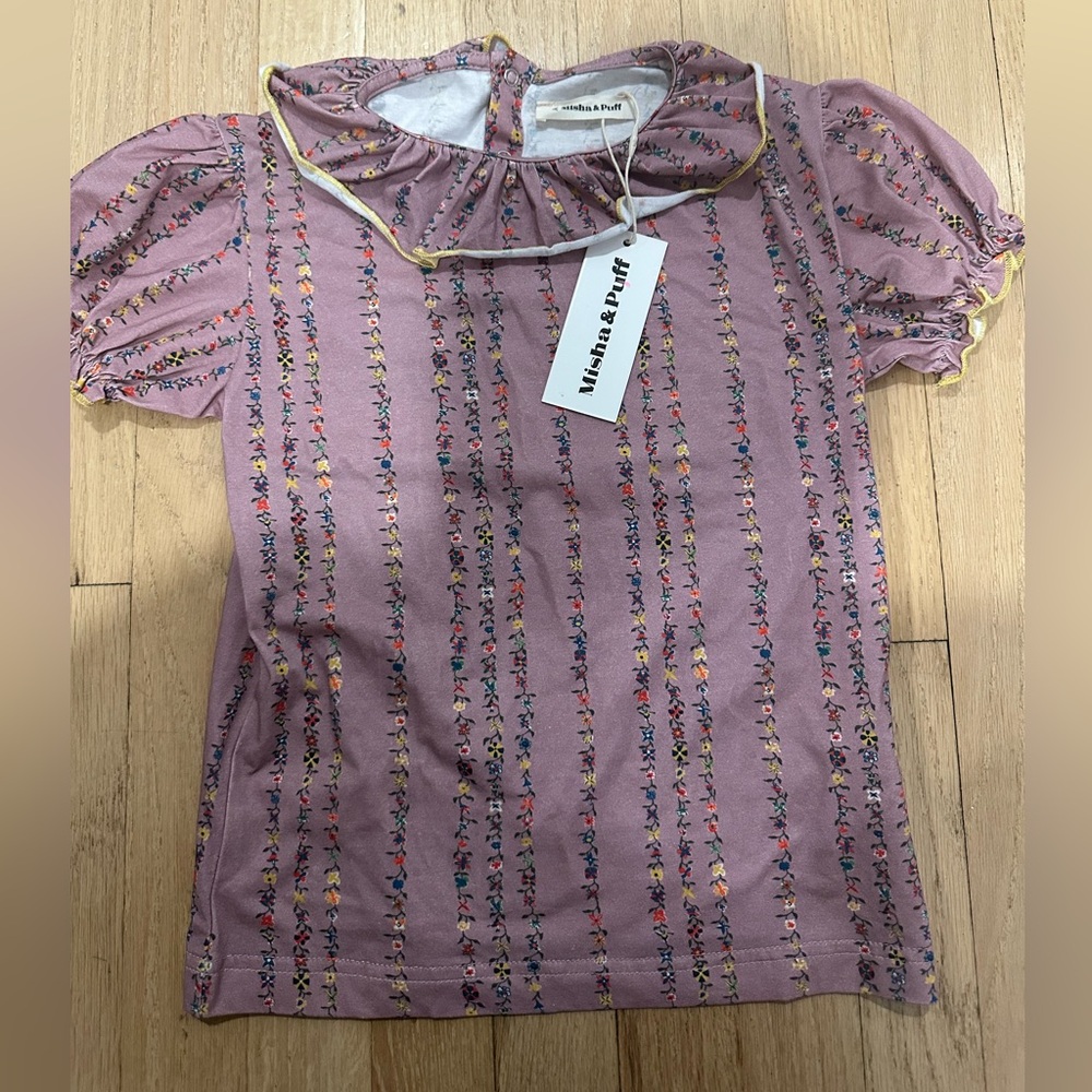 Misha And Puff Mauve Floral Stripe Ruffle Collar Top